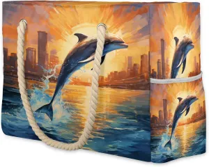 cfpolar Beach Bags for Women, Sandproof Beach Bag, Dolphin Leap Waterproof Tote Pool Swim Bags with Wet Pocket, Travel Reusable Grocery Shopping Shoulder for Weekender Gifts Gym