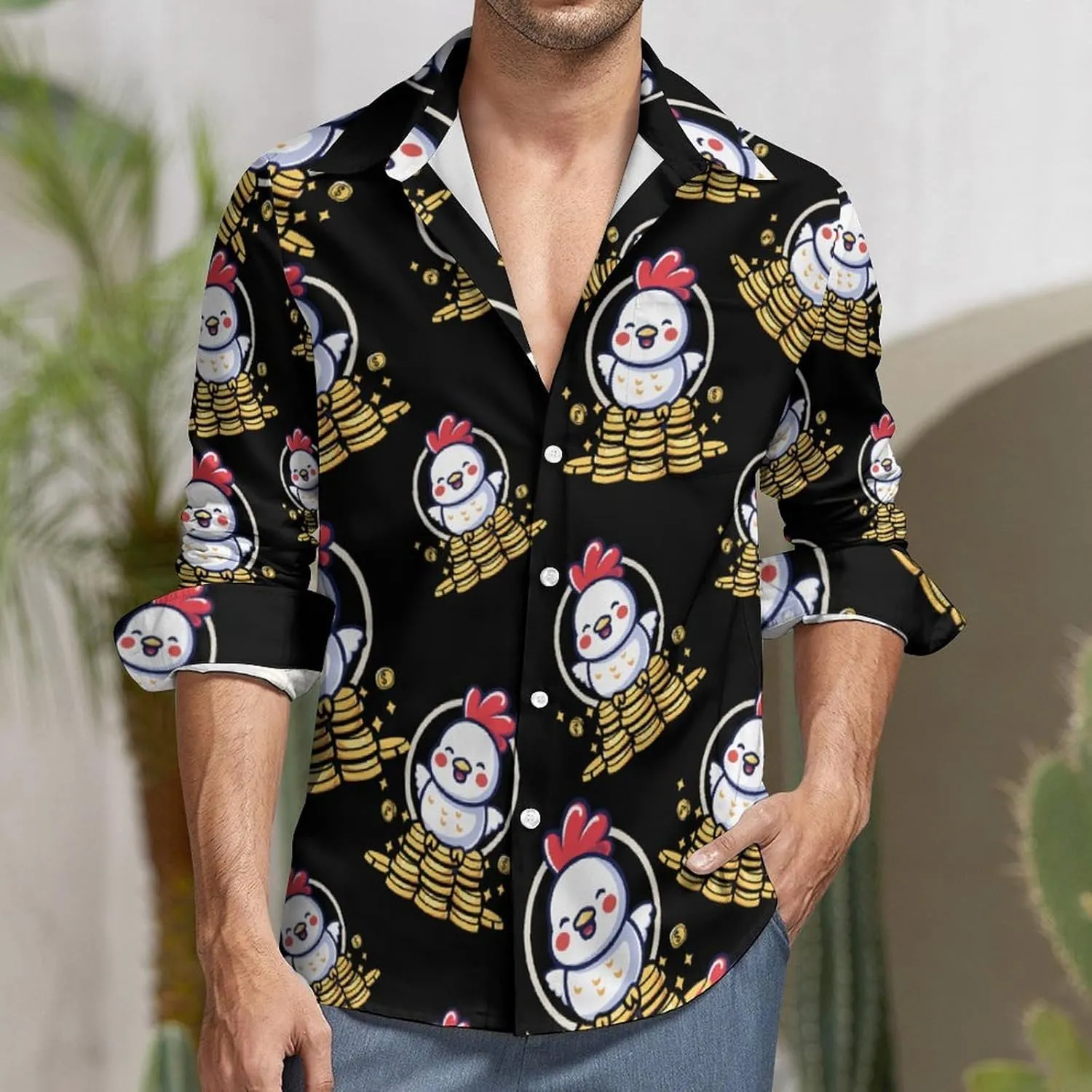 Chickens Lay Dollars Men's Long Sleeve Button Down Shirt Casual Regular Fit Tops