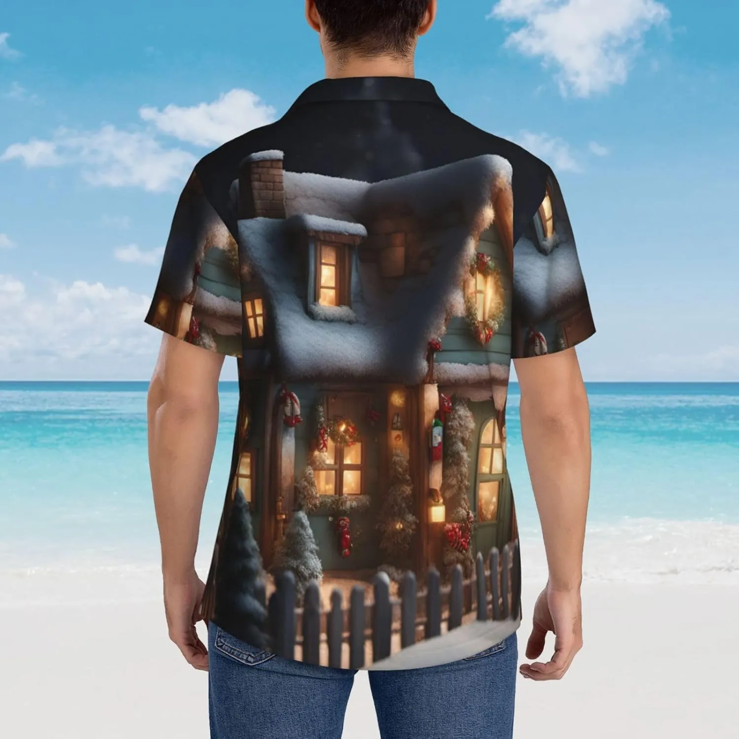 Christmas Village House 4 Hawaiian Shirt for Men Printed Casual Beach Shirts Button Down Short Sleeve Vacation Shirt