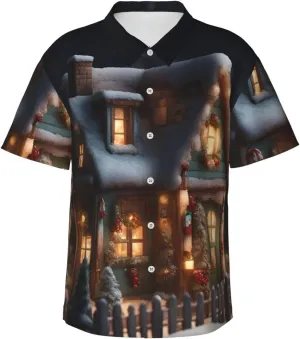 Christmas Village House 4 Hawaiian Shirt for Men Printed Casual Beach Shirts Button Down Short Sleeve Vacation Shirt