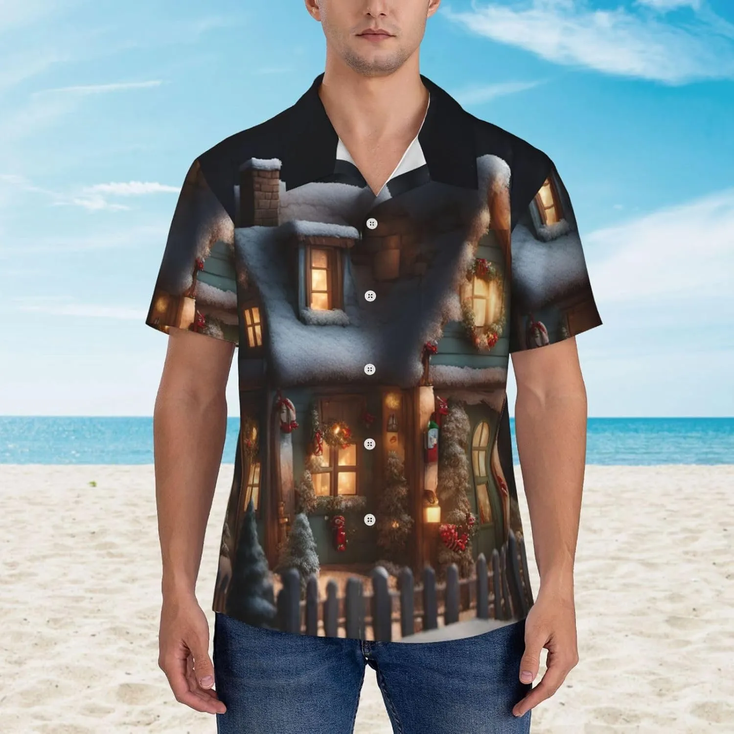Christmas Village House 4 Hawaiian Shirt for Men Printed Casual Beach Shirts Button Down Short Sleeve Vacation Shirt