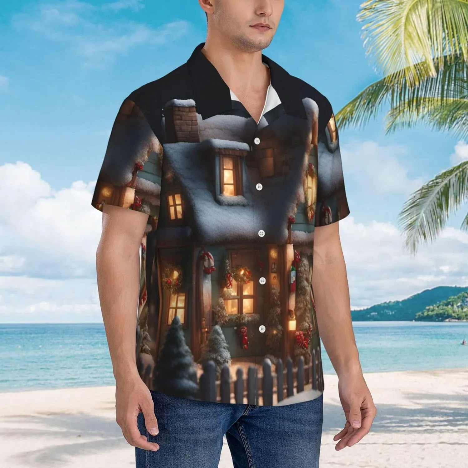 Christmas Village House 4 Hawaiian Shirt for Men Printed Casual Beach Shirts Button Down Short Sleeve Vacation Shirt