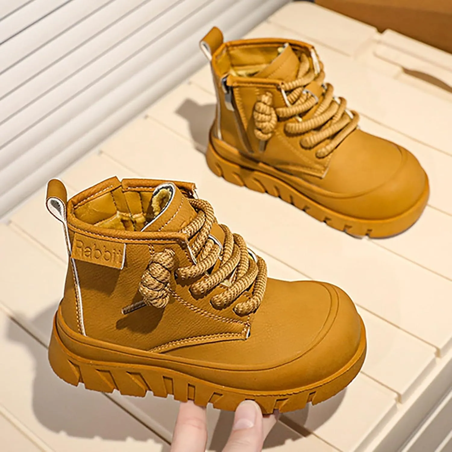 Chunky Sole Leather Booties For Childrens Boys Girls Kids Fashion Lace-Up Shoes 𝐖aterproof Flat Non Slip Breathable Shoes