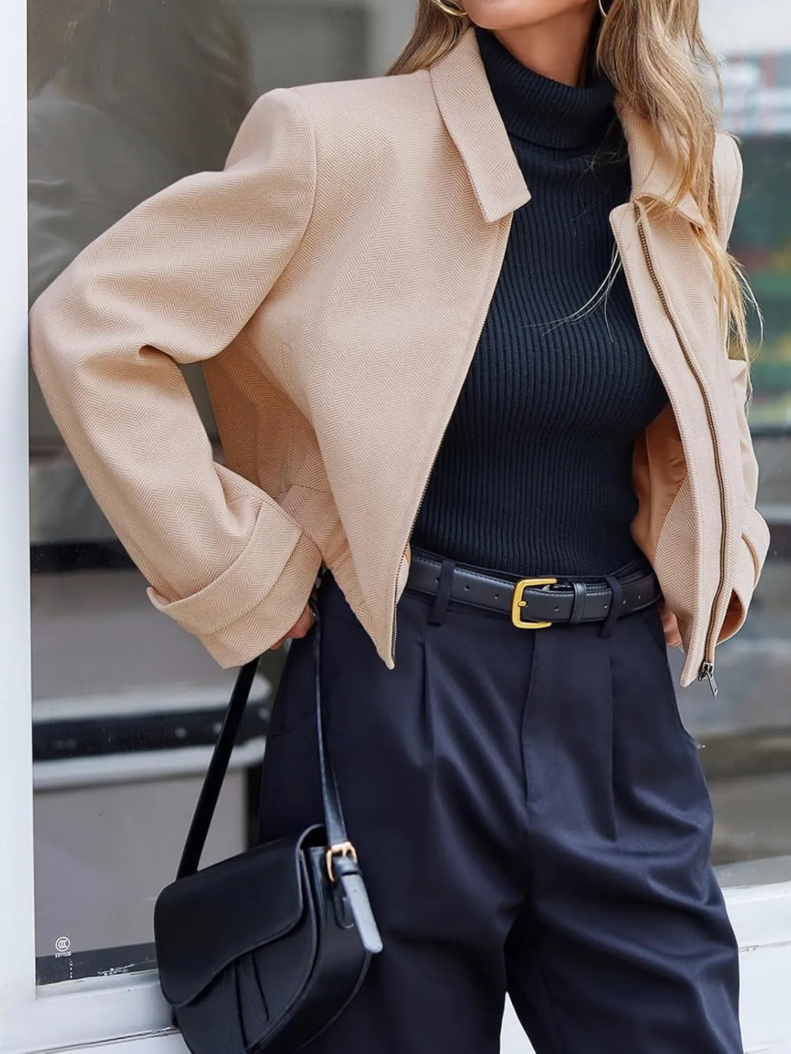 Cicy Bell Womens Cropped Tweed Blazer Fall Casual Dressy Zip Up Work Office Jacket Outerwear