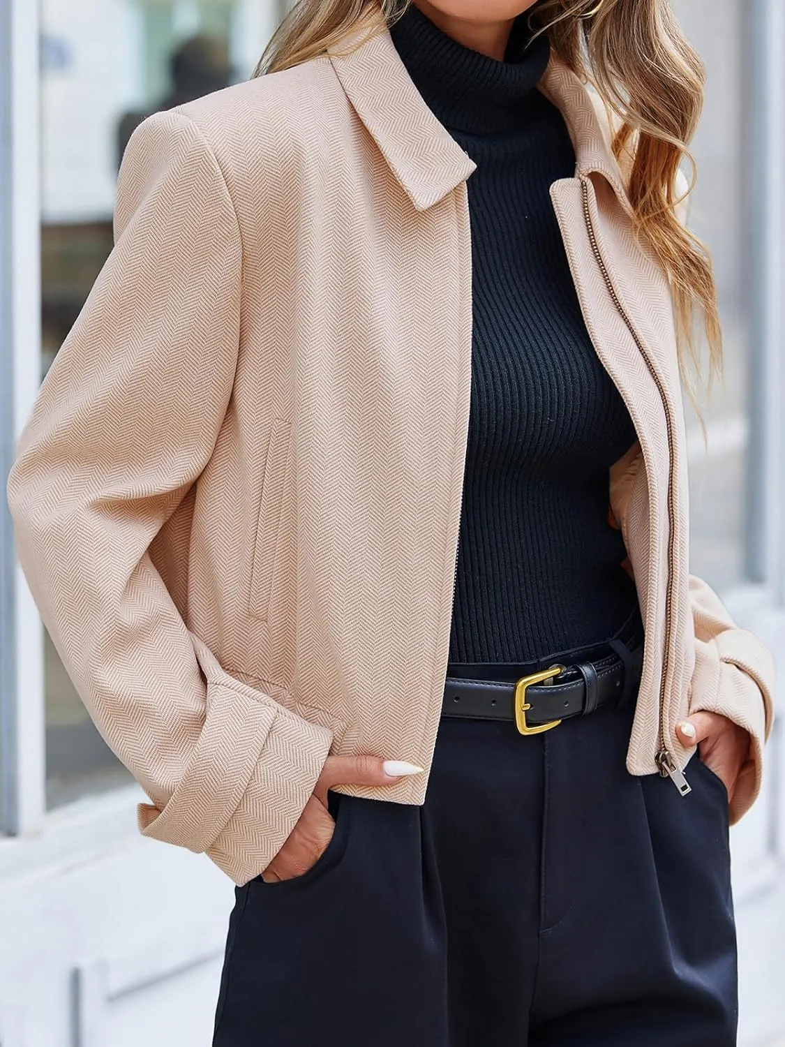 Cicy Bell Womens Cropped Tweed Blazer Fall Casual Dressy Zip Up Work Office Jacket Outerwear