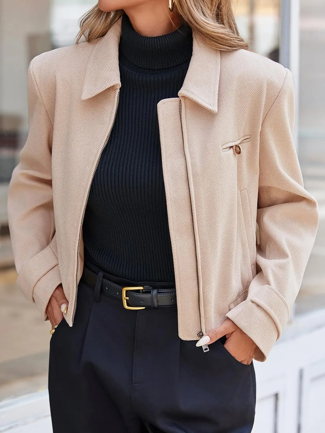 Cicy Bell Womens Cropped Tweed Blazer Fall Casual Dressy Zip Up Work Office Jacket Outerwear