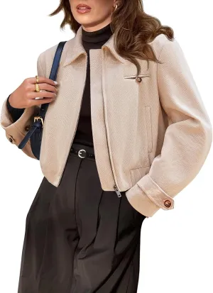 Cicy Bell Womens Cropped Tweed Blazer Fall Casual Dressy Zip Up Work Office Jacket Outerwear