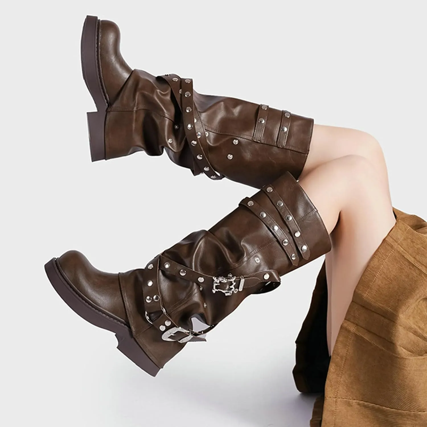 ClassicSter Fold Over Knee High Boots Slouch Boots for Women Chunky Goth Platform Boots,2 inch Heel Wide Calf Long Boots Square Toe Riding Boots