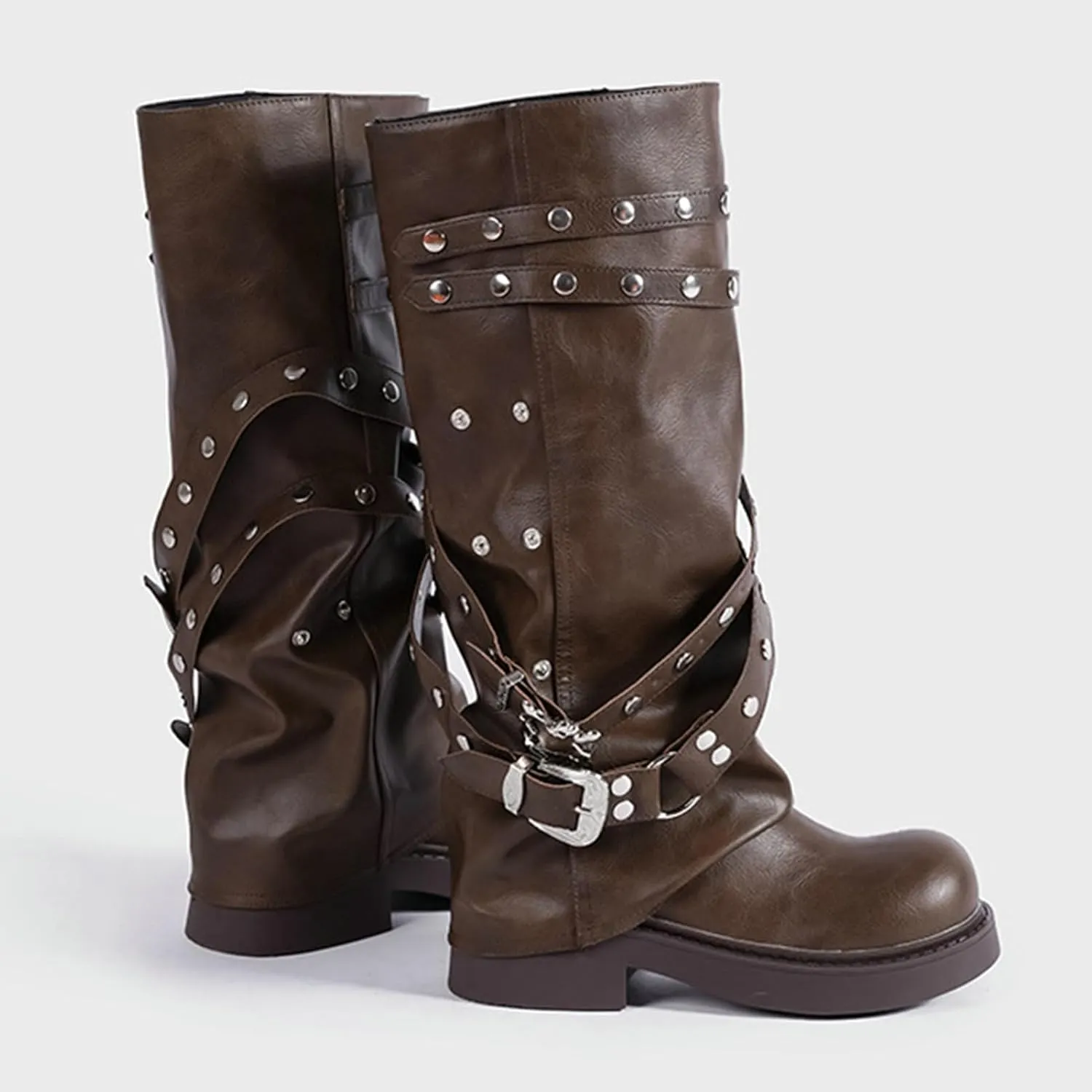 ClassicSter Fold Over Knee High Boots Slouch Boots for Women Chunky Goth Platform Boots,2 inch Heel Wide Calf Long Boots Square Toe Riding Boots