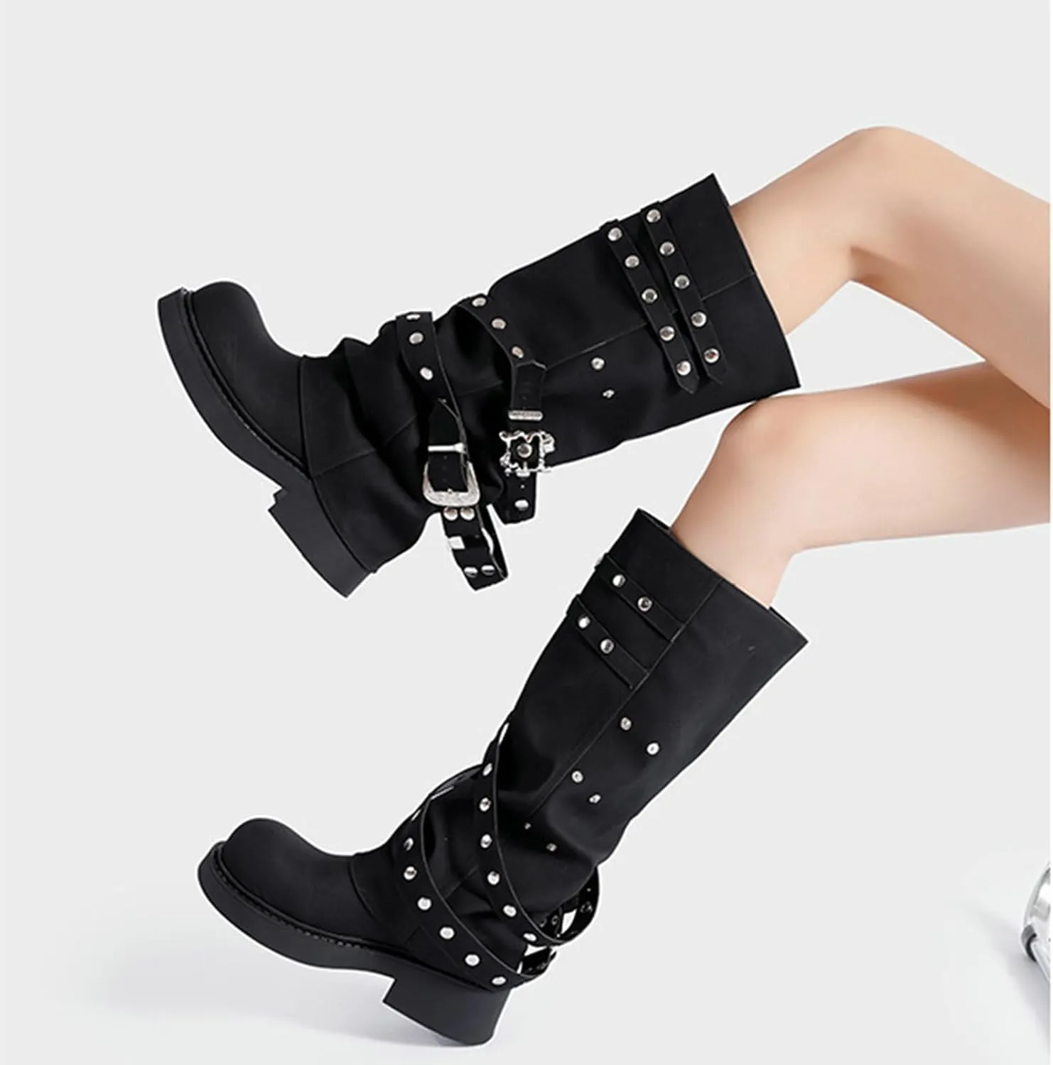 ClassicSter Fold Over Knee High Boots Slouch Boots for Women Chunky Goth Platform Boots,2 inch Heel Wide Calf Long Boots Square Toe Riding Boots