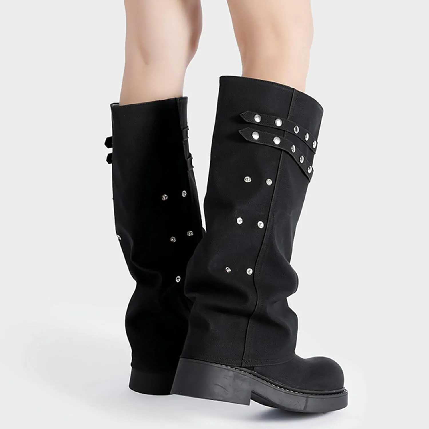 ClassicSter Fold Over Knee High Boots Slouch Boots for Women Chunky Goth Platform Boots,2 inch Heel Wide Calf Long Boots Square Toe Riding Boots