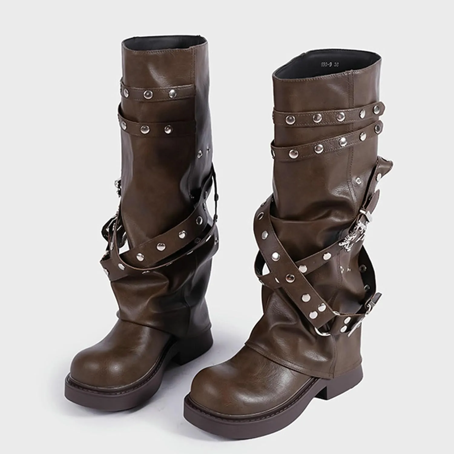 ClassicSter Fold Over Knee High Boots Slouch Boots for Women Chunky Goth Platform Boots,2 inch Heel Wide Calf Long Boots Square Toe Riding Boots