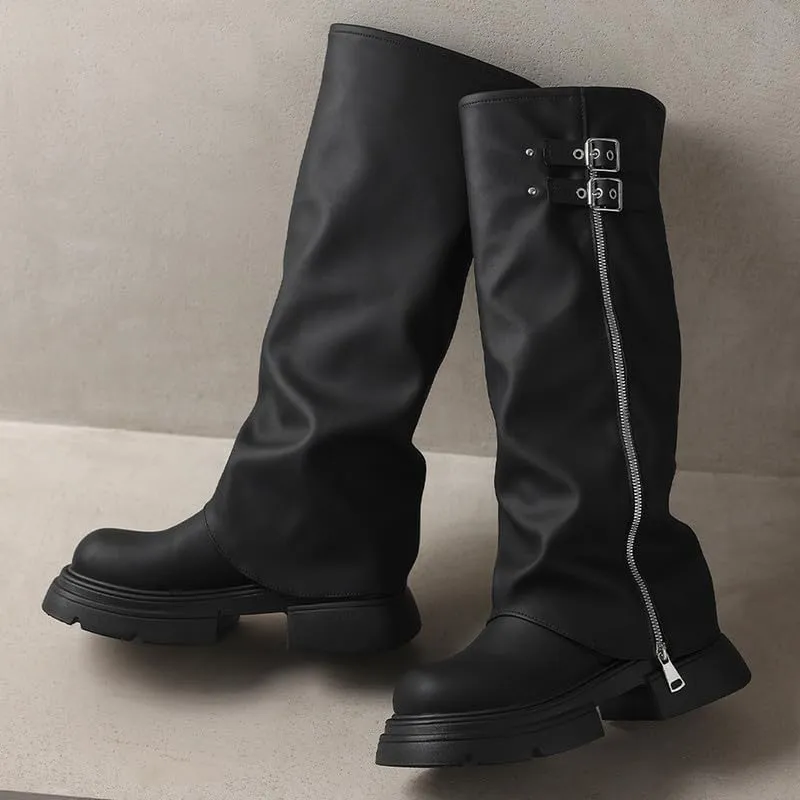 ClassicSter Fold Over Knee High Boots Slouch Boots for Women Chunky Goth Platform Boots,2 inch Heel Wide Calf Long Boots Square Toe Riding Boots