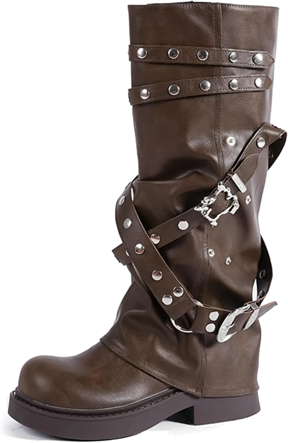 ClassicSter Fold Over Knee High Boots Slouch Boots for Women Chunky Goth Platform Boots,2 inch Heel Wide Calf Long Boots Square Toe Riding Boots