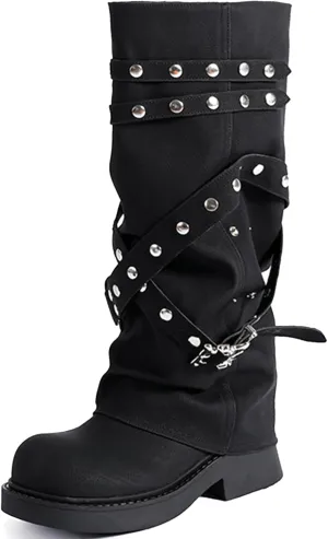 ClassicSter Fold Over Knee High Boots Slouch Boots for Women Chunky Goth Platform Boots,2 inch Heel Wide Calf Long Boots Square Toe Riding Boots
