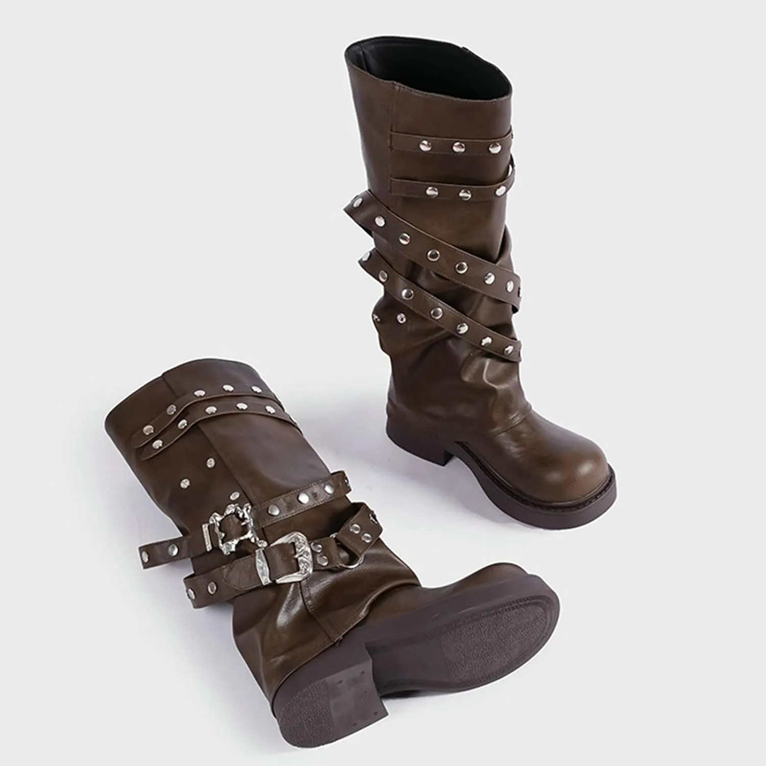 ClassicSter Fold Over Knee High Boots Slouch Boots for Women Chunky Goth Platform Boots,2 inch Heel Wide Calf Long Boots Square Toe Riding Boots
