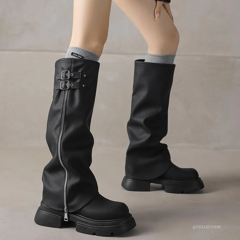 ClassicSter Fold Over Knee High Boots Slouch Boots for Women Chunky Goth Platform Boots,2 inch Heel Wide Calf Long Boots Square Toe Riding Boots
