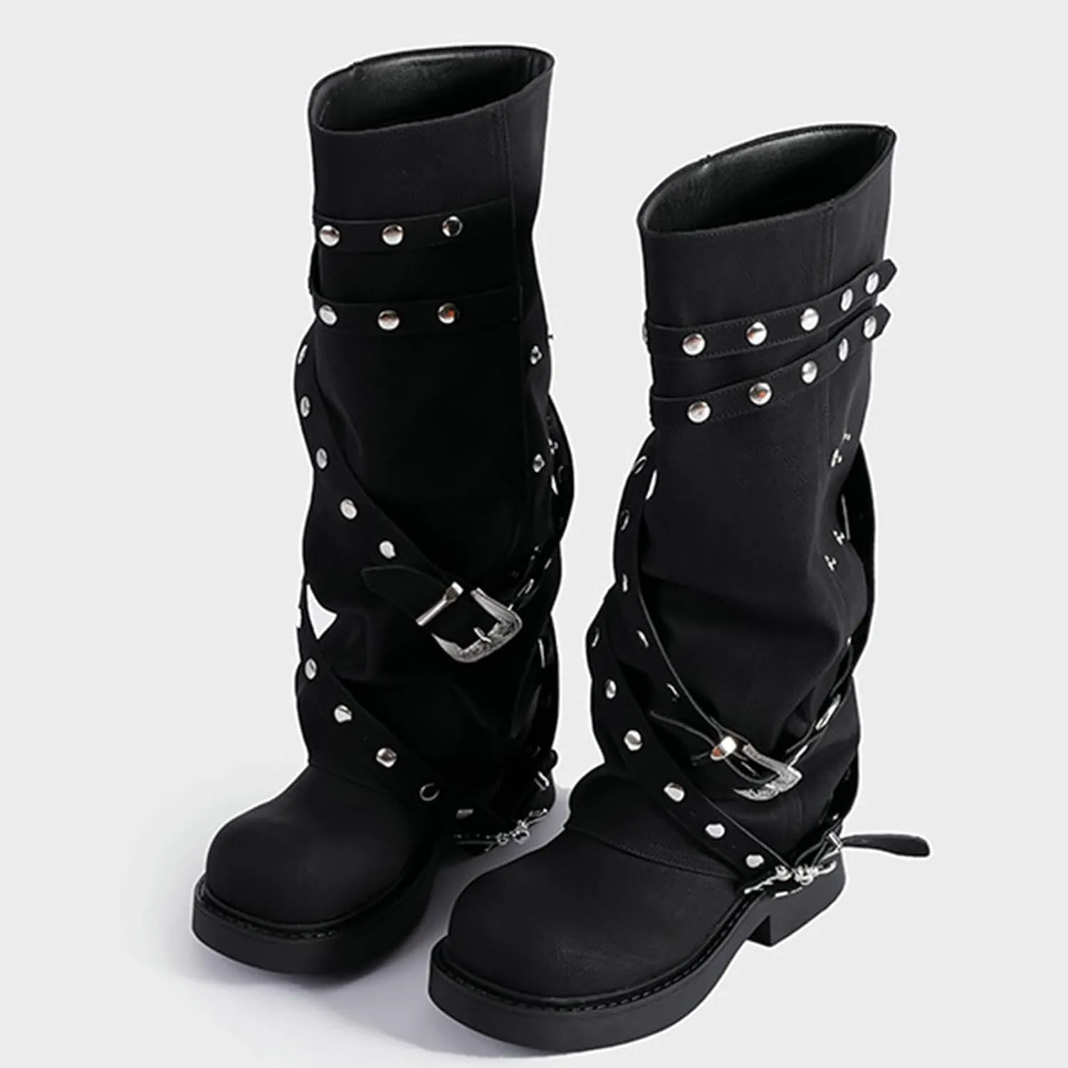 ClassicSter Fold Over Knee High Boots Slouch Boots for Women Chunky Goth Platform Boots,2 inch Heel Wide Calf Long Boots Square Toe Riding Boots