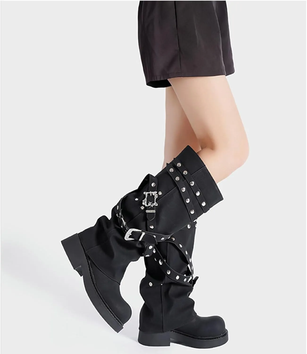 ClassicSter Fold Over Knee High Boots Slouch Boots for Women Chunky Goth Platform Boots,2 inch Heel Wide Calf Long Boots Square Toe Riding Boots