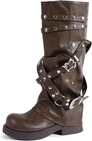 ClassicSter Fold Over Knee High Boots Slouch Boots for Women Chunky Goth Platform Boots,2 inch Heel Wide Calf Long Boots Square Toe Riding Boots