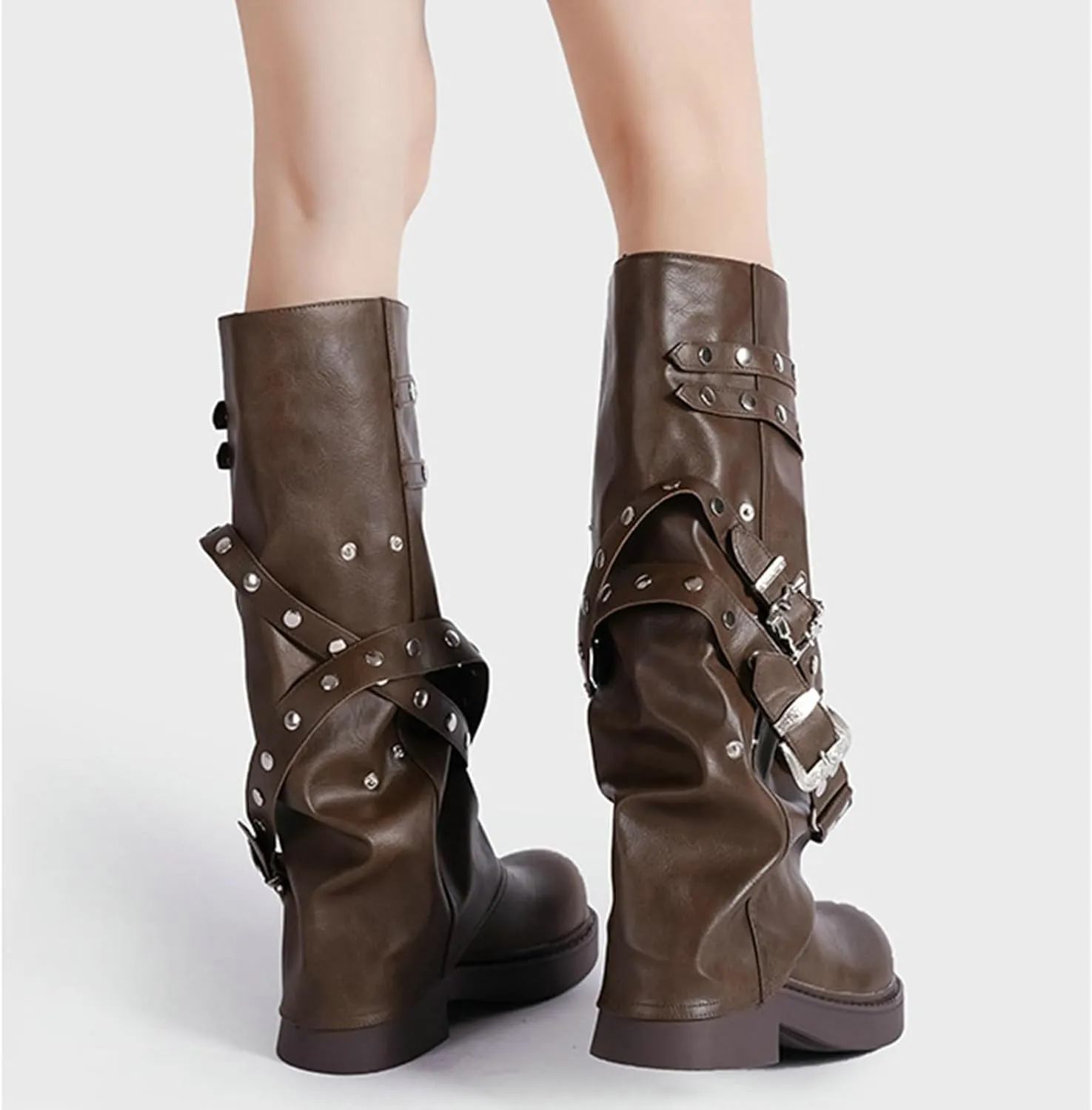 ClassicSter Fold Over Knee High Boots Slouch Boots for Women Chunky Goth Platform Boots,2 inch Heel Wide Calf Long Boots Square Toe Riding Boots