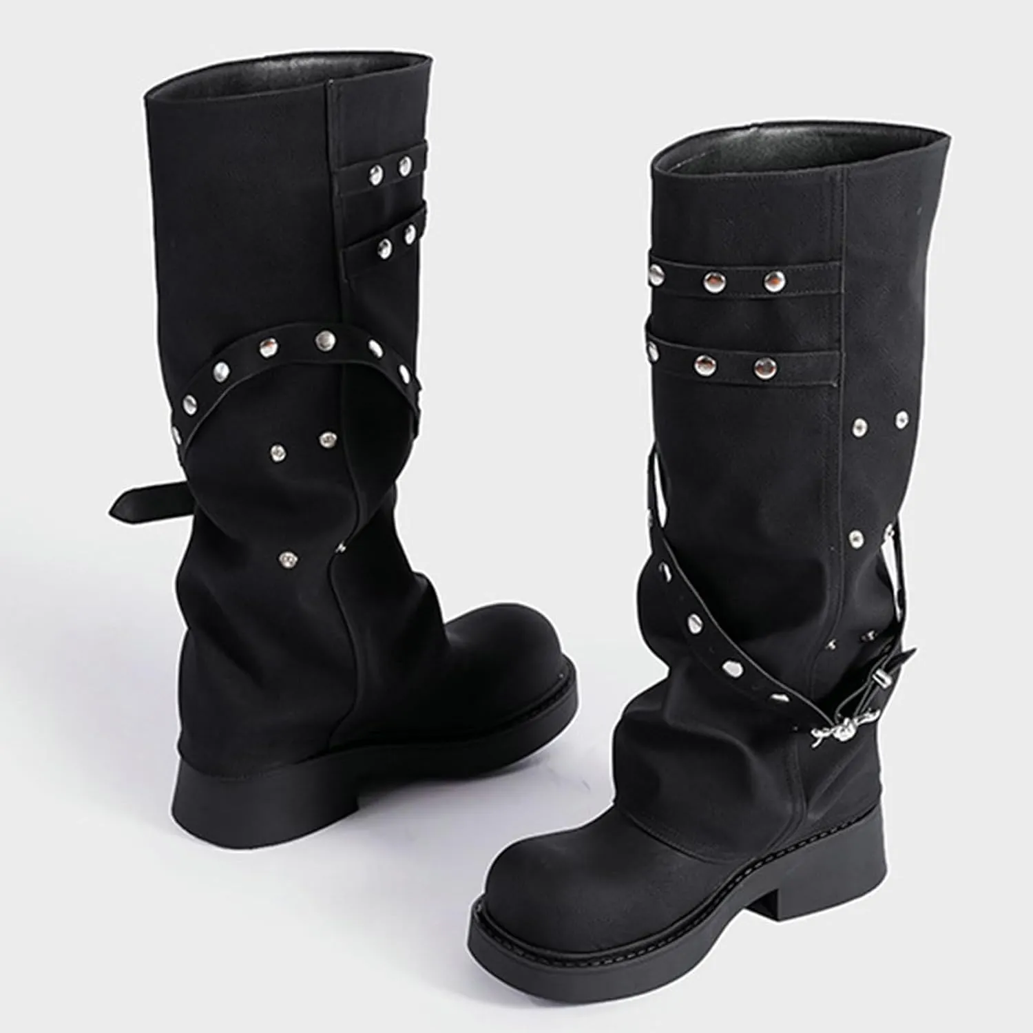 ClassicSter Fold Over Knee High Boots Slouch Boots for Women Chunky Goth Platform Boots,2 inch Heel Wide Calf Long Boots Square Toe Riding Boots