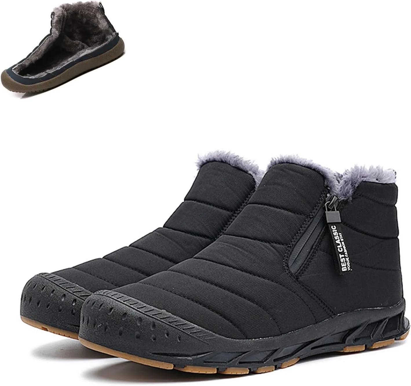 CLOUDEMO Snow Boots Mens Waterproof Winter Boots, Winter Shoes Men, Fur Lined Warm Slip Ankle Boots Zipper Closure Slip on Outdoor Boot Comfortable Walking Shoes