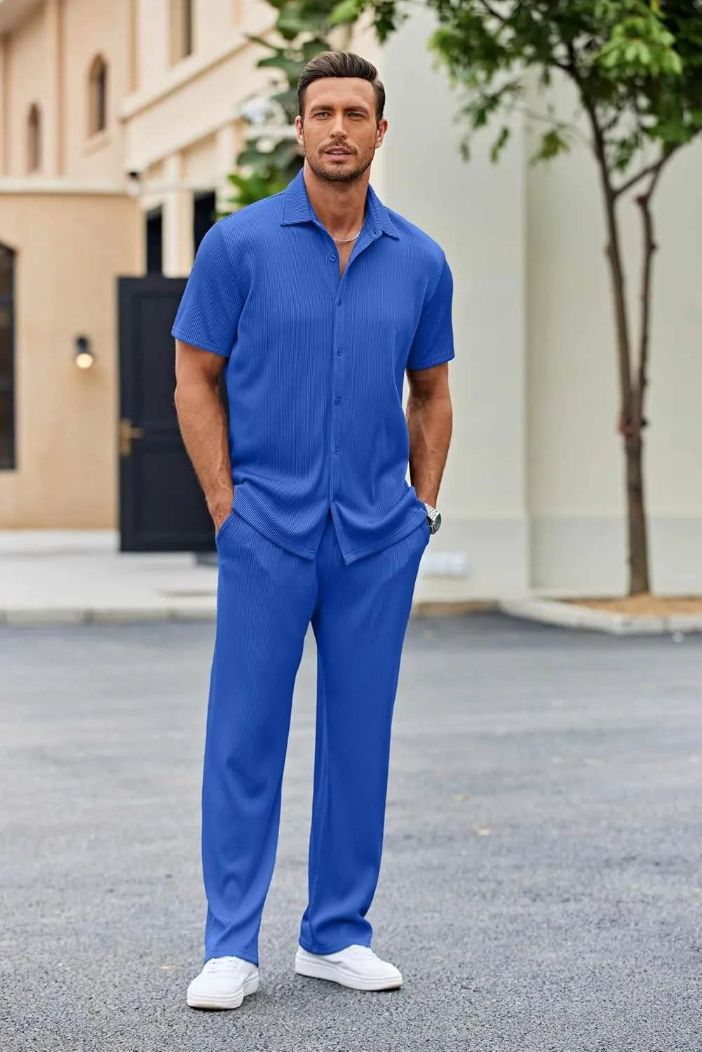 COOFANDY Men's 2 Piece Outfit Casual Short Sleeve Button Down Shirt Beach Summer Loose Pant Sets