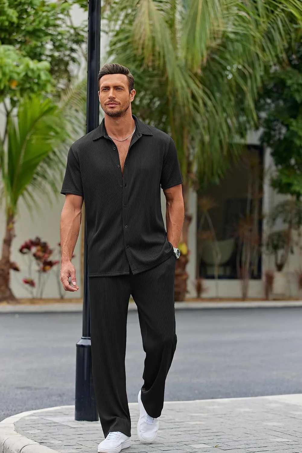 COOFANDY Men's 2 Piece Outfit Casual Short Sleeve Button Down Shirt Beach Summer Loose Pant Sets