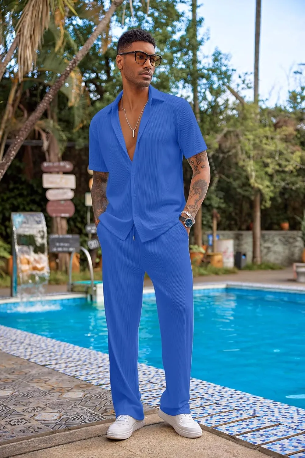 COOFANDY Men's 2 Piece Outfit Casual Short Sleeve Button Down Shirt Beach Summer Loose Pant Sets
