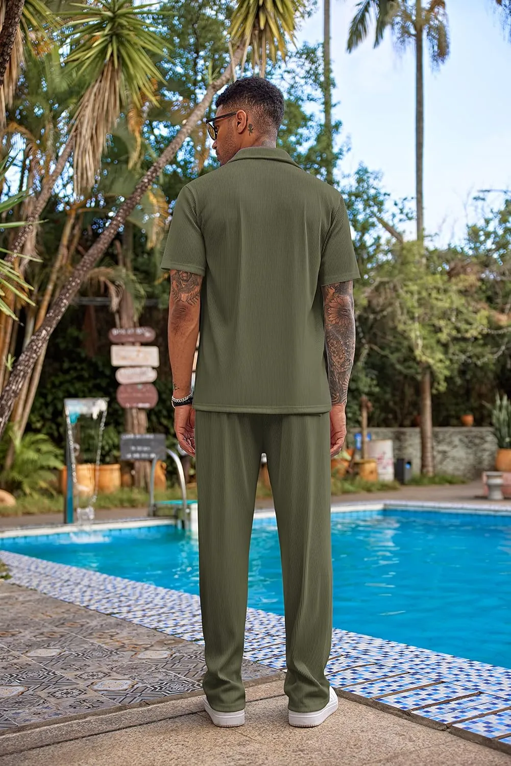 COOFANDY Men's 2 Piece Outfit Casual Short Sleeve Button Down Shirt Beach Summer Loose Pant Sets