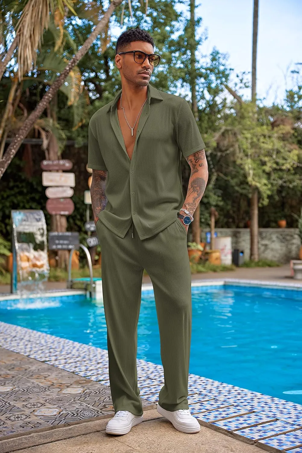 COOFANDY Men's 2 Piece Outfit Casual Short Sleeve Button Down Shirt Beach Summer Loose Pant Sets
