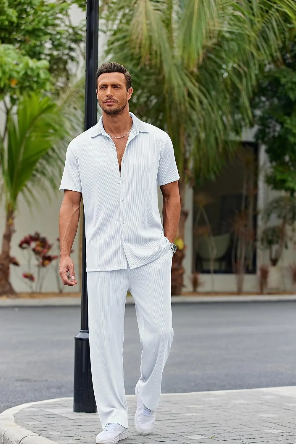 COOFANDY Men's 2 Piece Outfit Casual Short Sleeve Button Down Shirt Beach Summer Loose Pant Sets