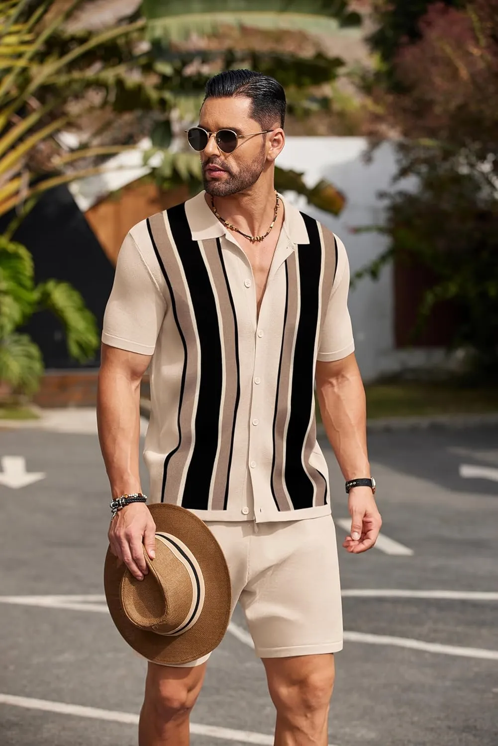 COOFANDY Men's 2 Piece Outfit Vintage Short Sleeve Button Down Knit Polo Shirts Casual Beach Shorts Sets