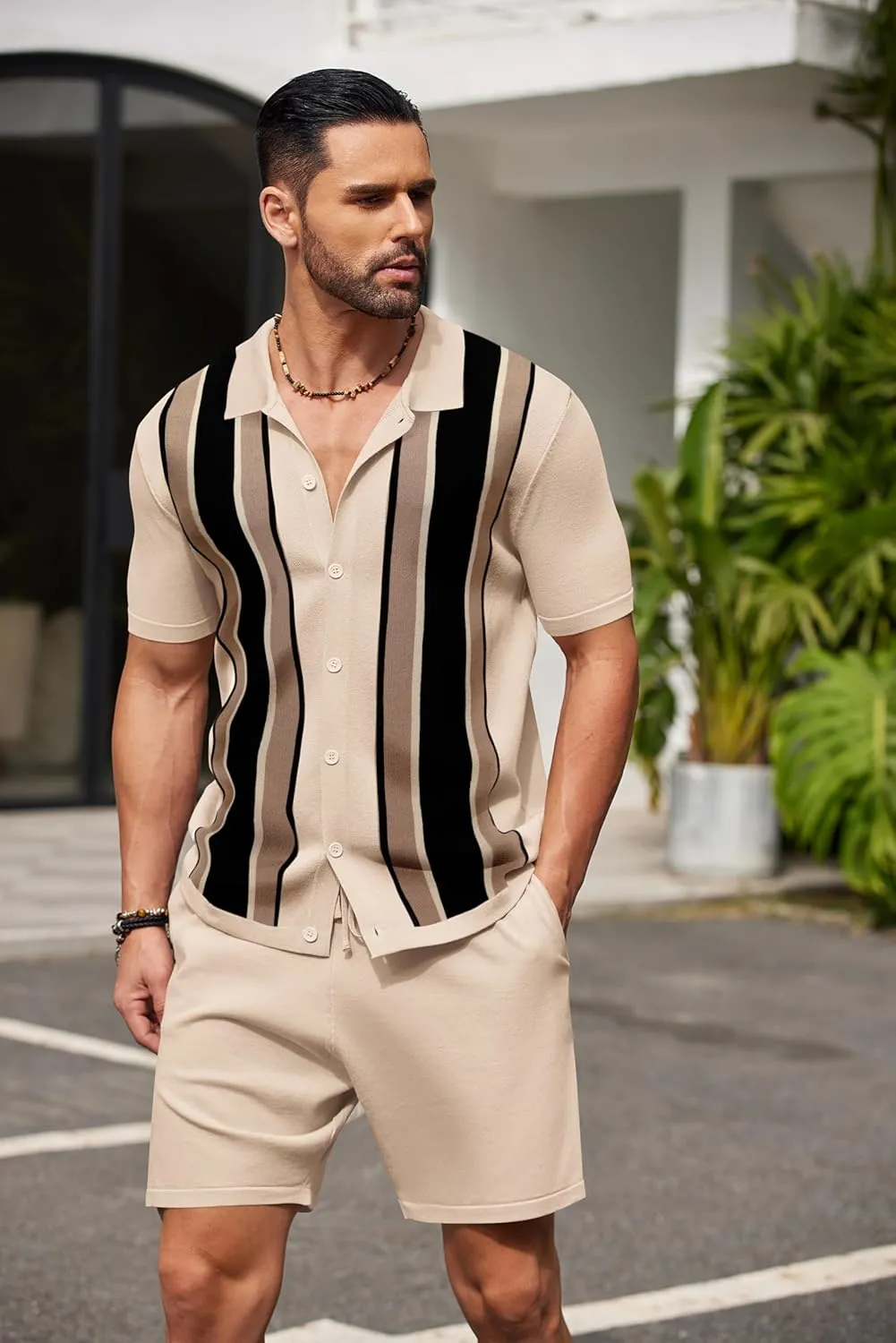 COOFANDY Men's 2 Piece Outfit Vintage Short Sleeve Button Down Knit Polo Shirts Casual Beach Shorts Sets