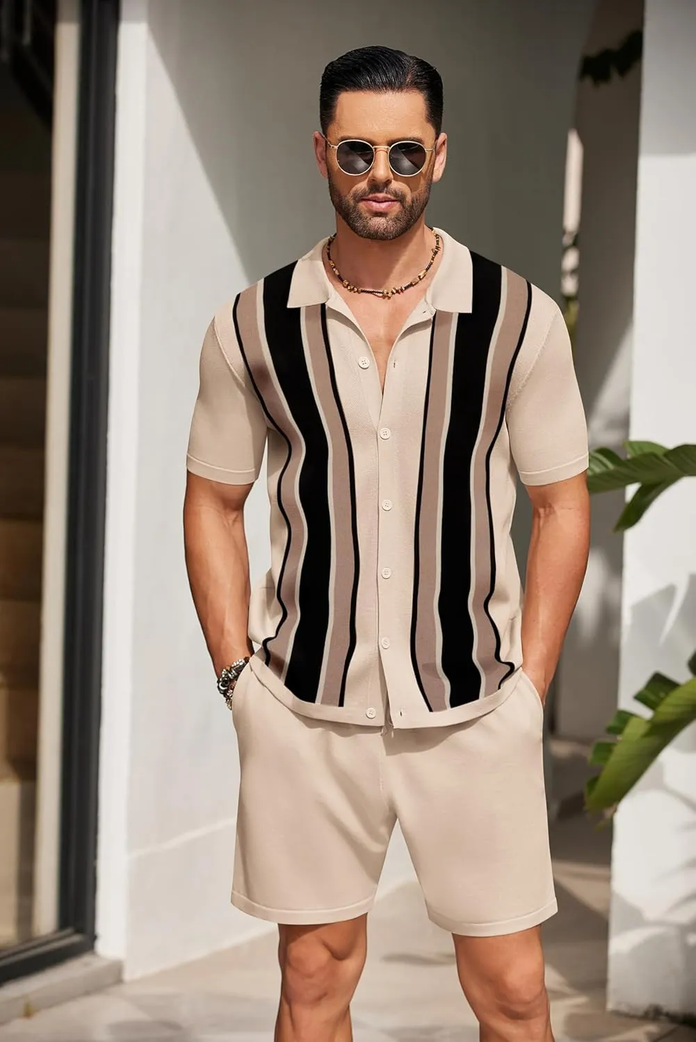 COOFANDY Men's 2 Piece Outfit Vintage Short Sleeve Button Down Knit Polo Shirts Casual Beach Shorts Sets