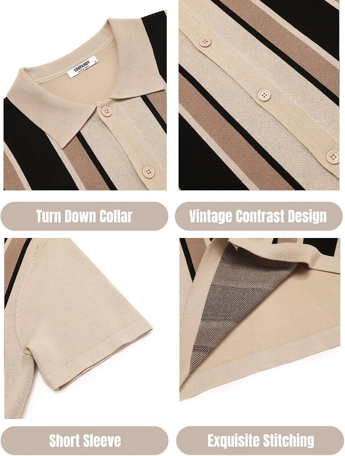 COOFANDY Men's 2 Piece Outfit Vintage Short Sleeve Button Down Knit Polo Shirts Casual Beach Shorts Sets