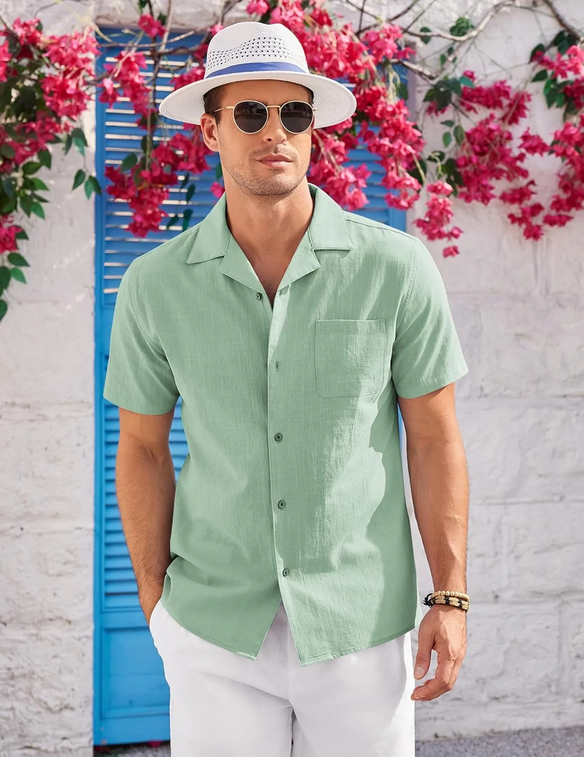 COOFANDY Mens Casual Cotton Linen Shirt Short Sleeve Button Up Shirts Summer Beach Top