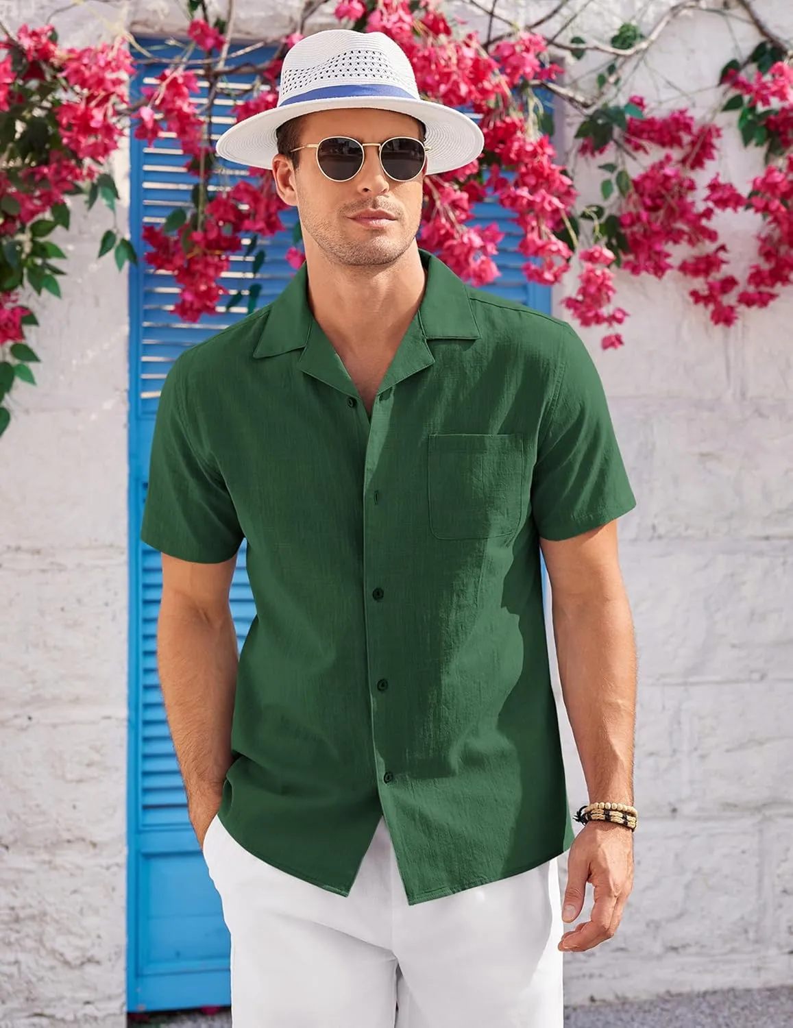 COOFANDY Mens Casual Cotton Linen Shirt Short Sleeve Button Up Shirts Summer Beach Top