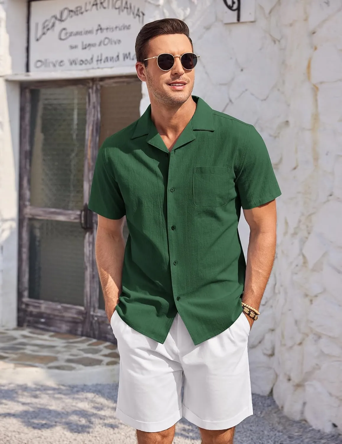 COOFANDY Mens Casual Cotton Linen Shirt Short Sleeve Button Up Shirts Summer Beach Top