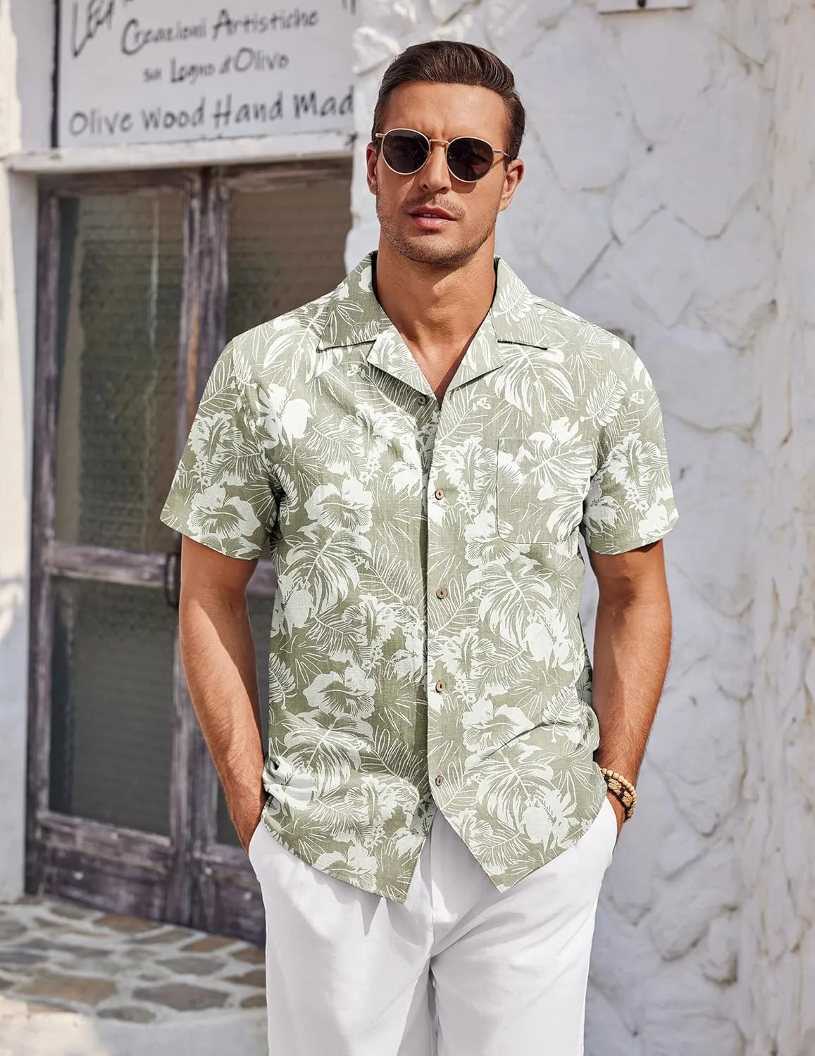 COOFANDY Mens Casual Cotton Linen Shirt Short Sleeve Button Up Shirts Summer Beach Top