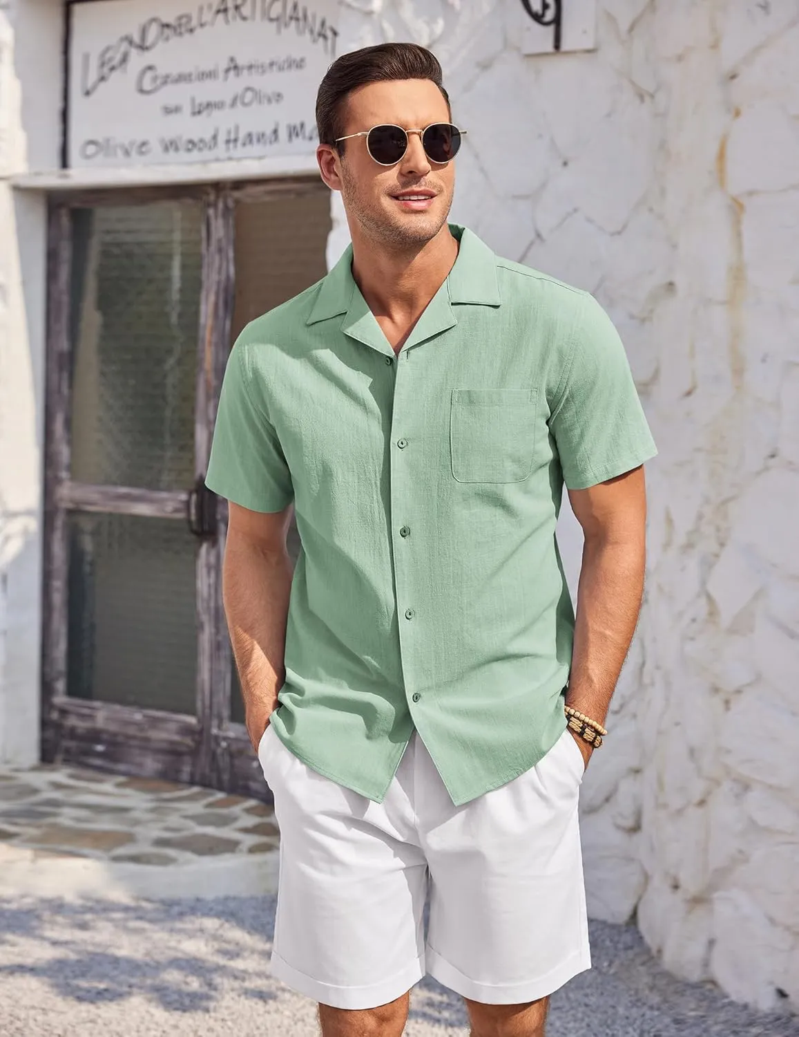 COOFANDY Mens Casual Cotton Linen Shirt Short Sleeve Button Up Shirts Summer Beach Top