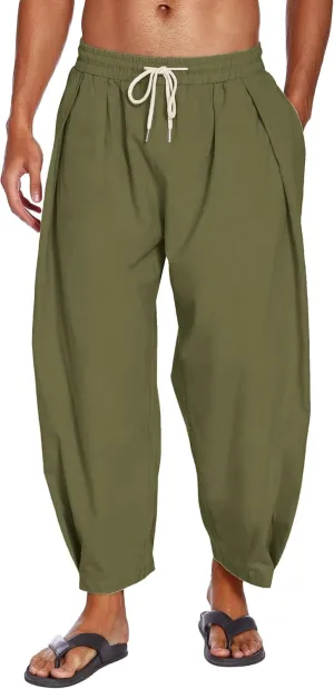 COOFANDY Men's Cotton Linen Harem Pants Drawstring Casual Cropped Trousers Lightweight Loose Beach Yoga Pants with Pockets