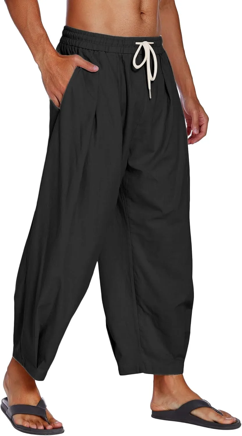 COOFANDY Men's Cotton Linen Harem Pants Drawstring Casual Cropped Trousers Lightweight Loose Beach Yoga Pants with Pockets