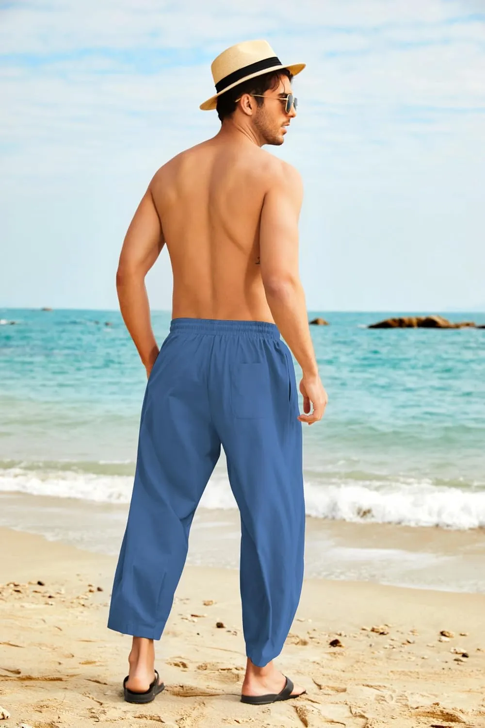 COOFANDY Men's Cotton Linen Harem Pants Drawstring Casual Cropped Trousers Lightweight Loose Beach Yoga Pants with Pockets