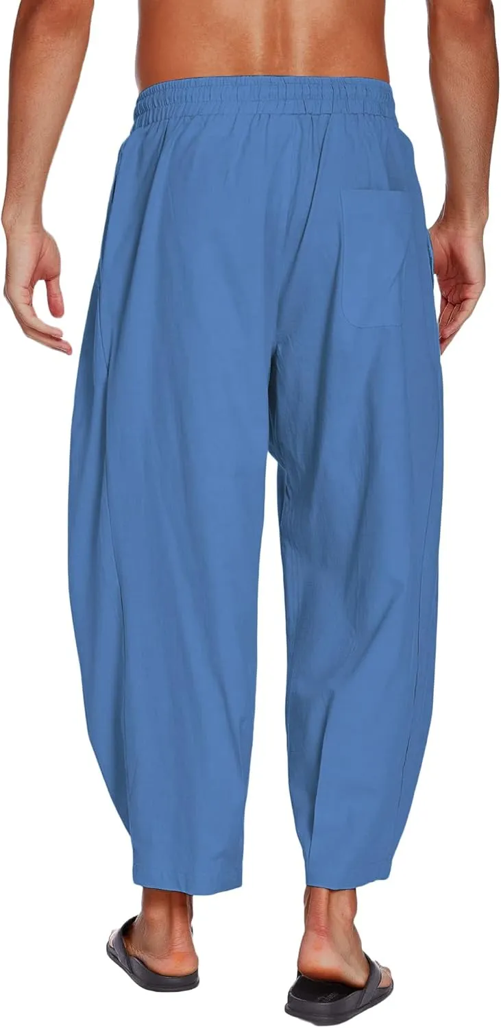 COOFANDY Men's Cotton Linen Harem Pants Drawstring Casual Cropped Trousers Lightweight Loose Beach Yoga Pants with Pockets