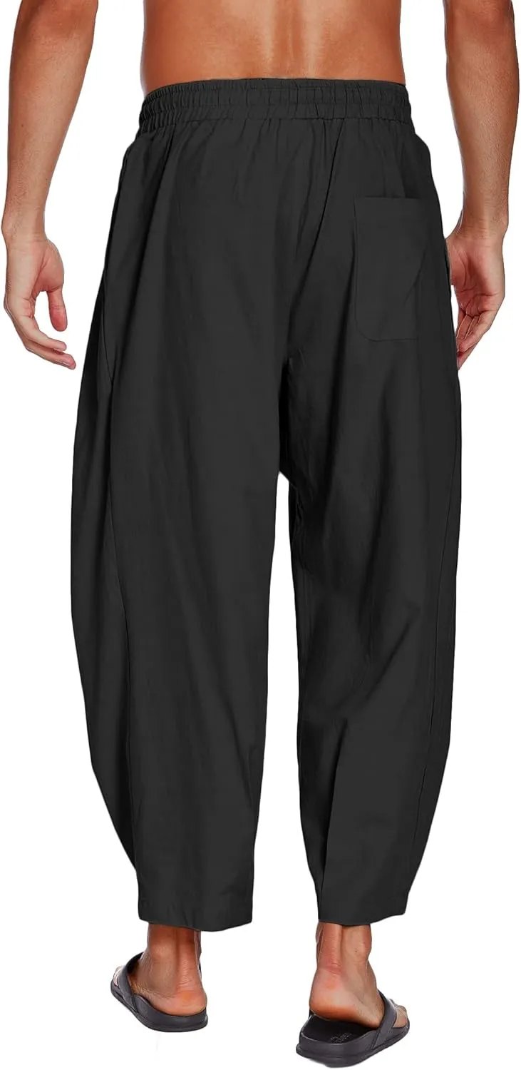 COOFANDY Men's Cotton Linen Harem Pants Drawstring Casual Cropped Trousers Lightweight Loose Beach Yoga Pants with Pockets