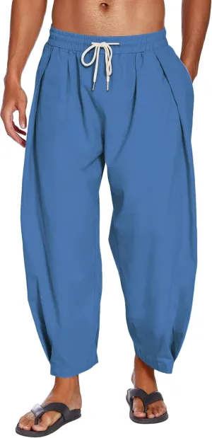 COOFANDY Men's Cotton Linen Harem Pants Drawstring Casual Cropped Trousers Lightweight Loose Beach Yoga Pants with Pockets
