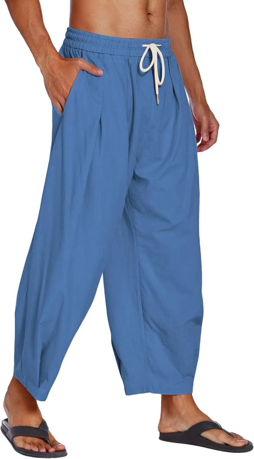 COOFANDY Men's Cotton Linen Harem Pants Drawstring Casual Cropped Trousers Lightweight Loose Beach Yoga Pants with Pockets