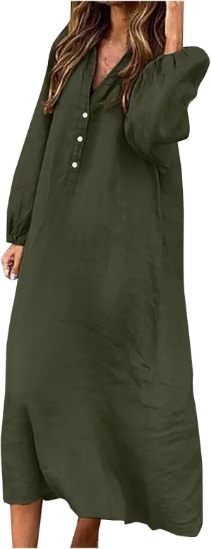 Cotton Linen Dress for Women 2024 Fall Winter Long Sleeve Button Down Dresses Causal Loose Flowy Maxi Dresses Party